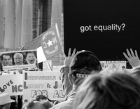 Person holding a sign reading "got equality?" at HKonJ 2017 during the rally before the march on Fayetteville Street, Raleigh, North Carolina.